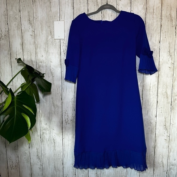 Women’s Size 6 Royal Blue Shift Dress Pleated Cuffs & Hem Elegant - Picture 3 of 12